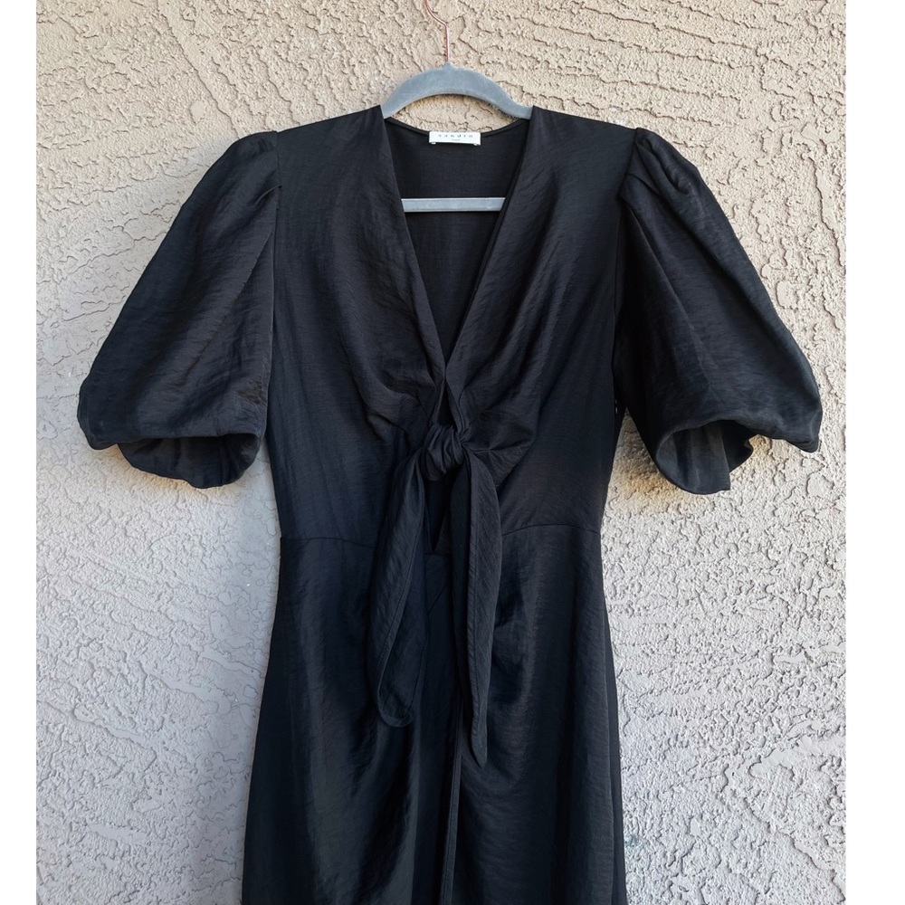 SANDRO Black Linen Tie Front Puff Sleeve Wrap Skirt Bloane Blum Midi Dress S - Picture 5 of 17